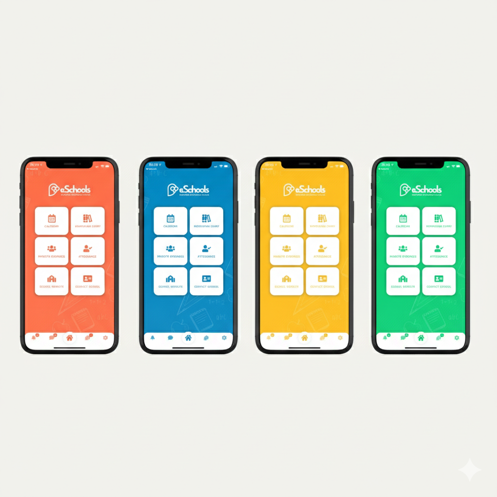 The eSchools app in various colour schemes to highlight the school branding features.