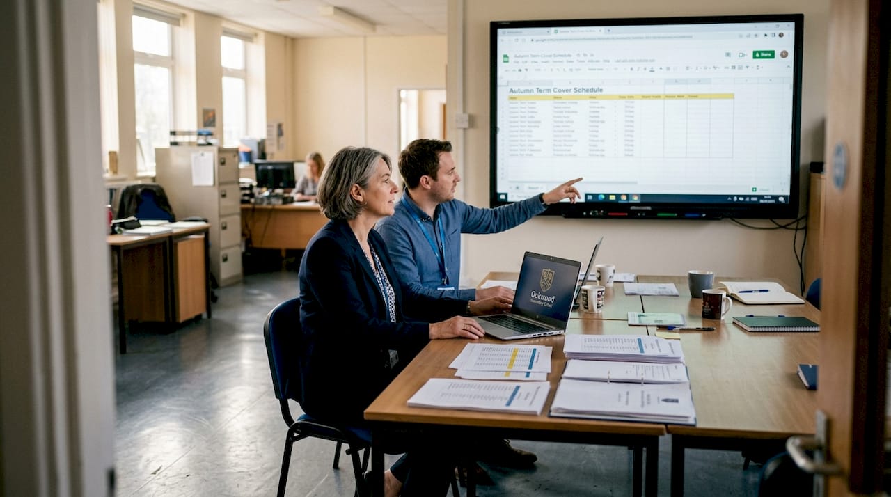 Deputy headteacher and IT coordinator collaborate in staff office