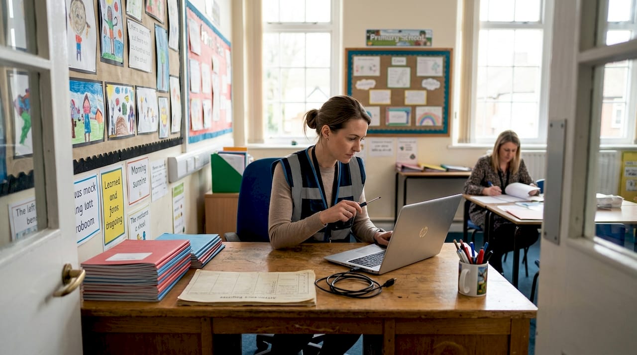 IT technician helping in busy UK classroom