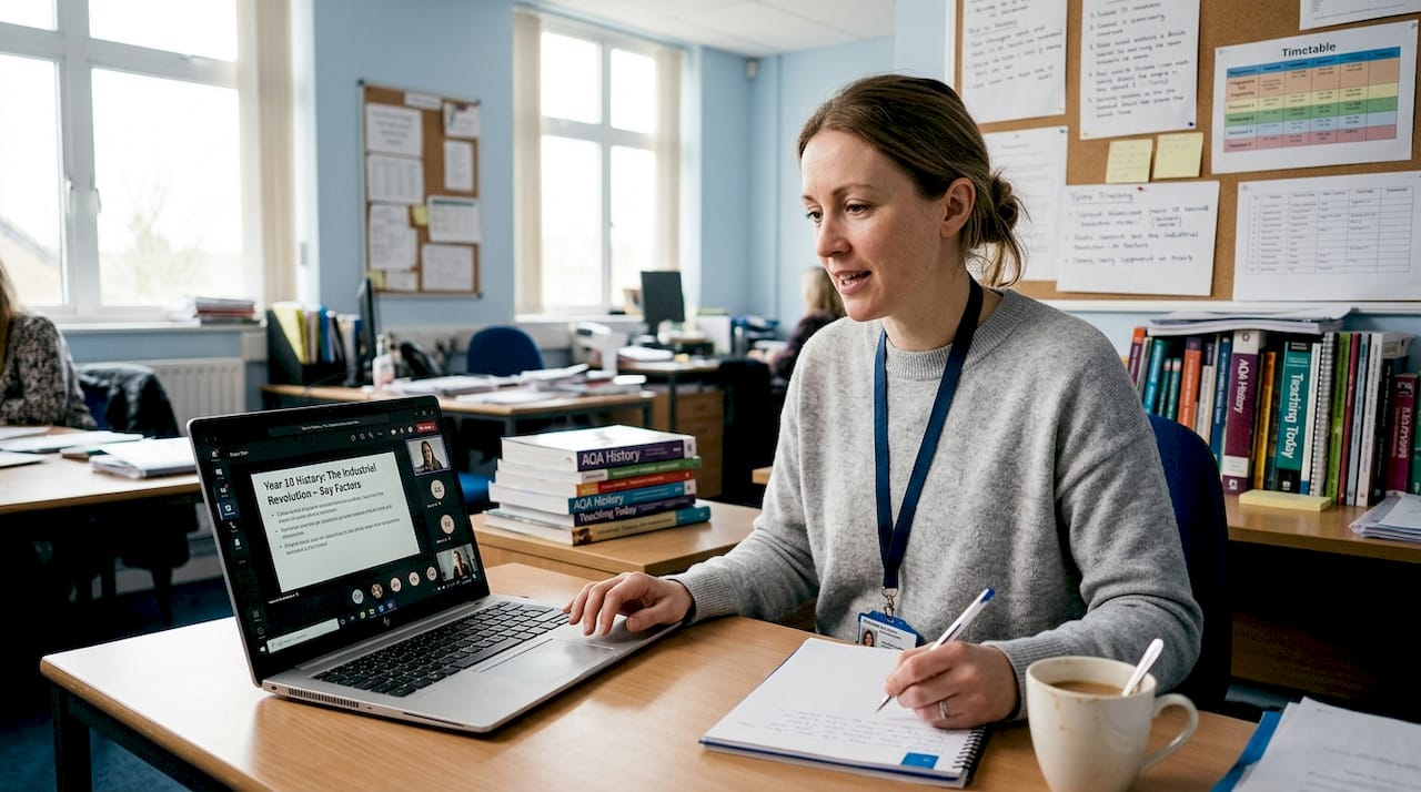 Teacher leading online lesson in school staff room