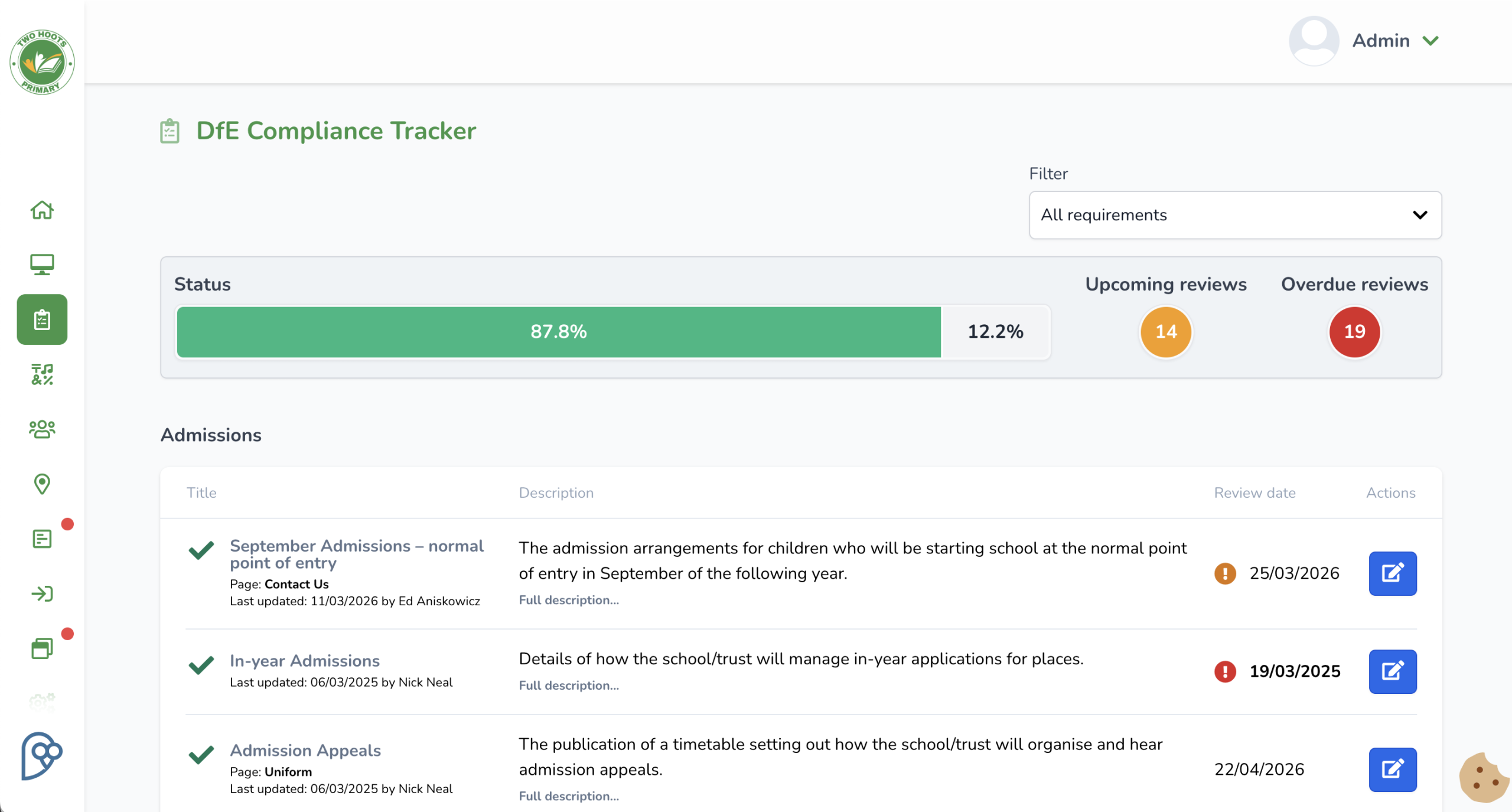 A screenshot of the eSchools DfE website compliance tracker.