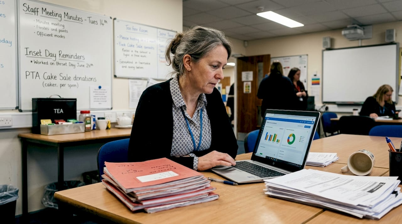 UK teacher collaborating online in staffroom