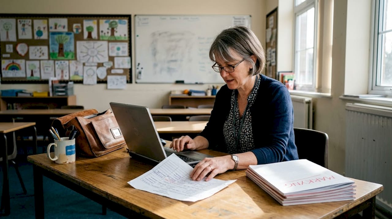 Teacher working at table in real classroom