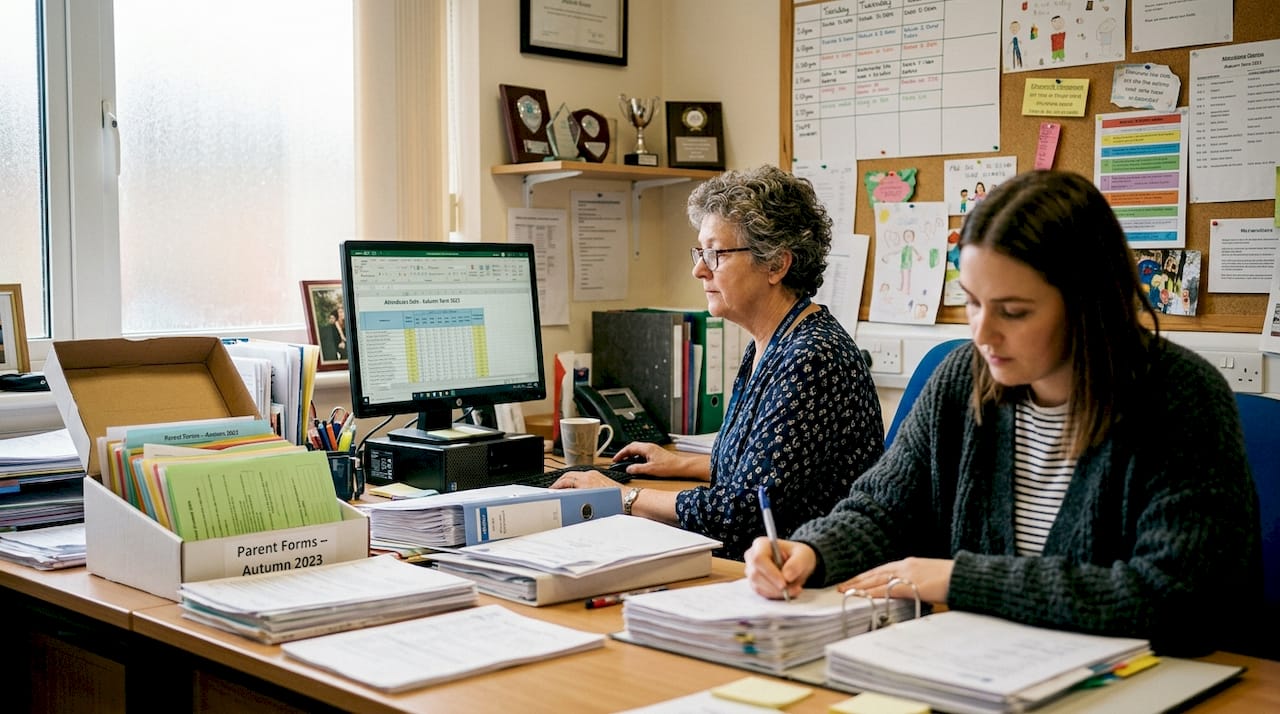 School admin team working with software