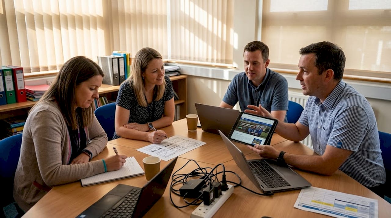 School staff planning website design at meeting table