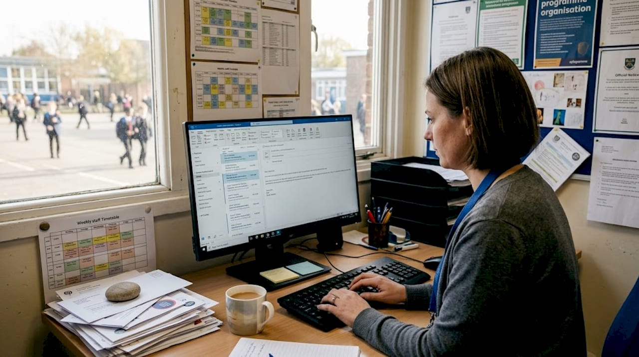 School office staff communicating at desk