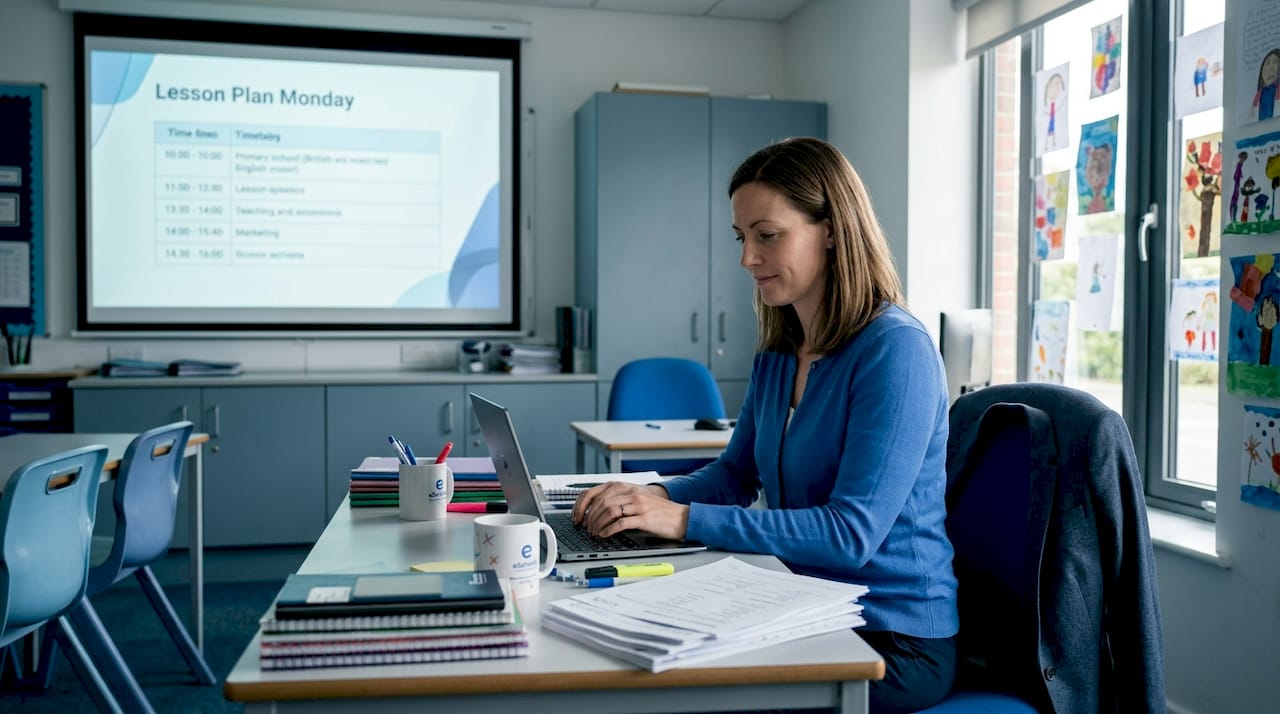 Teacher using laptop for lesson planning