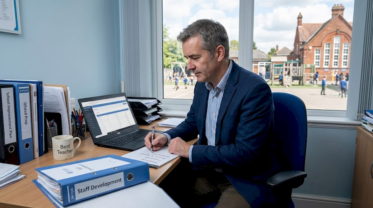 School headteacher uses laptop in office