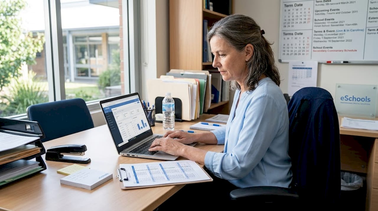 Administrator uses laptop in school office