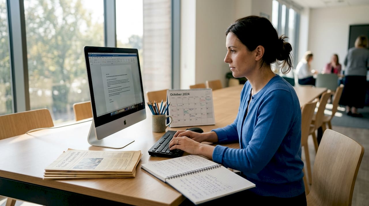 Administrator updating school website at cluttered table