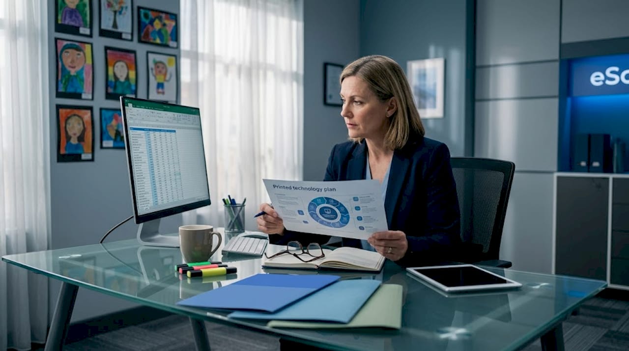 School leader planning digital strategy at her desk