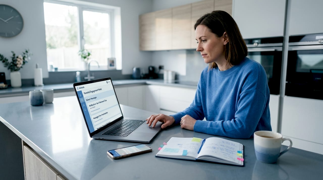 Mother using school communication app at home