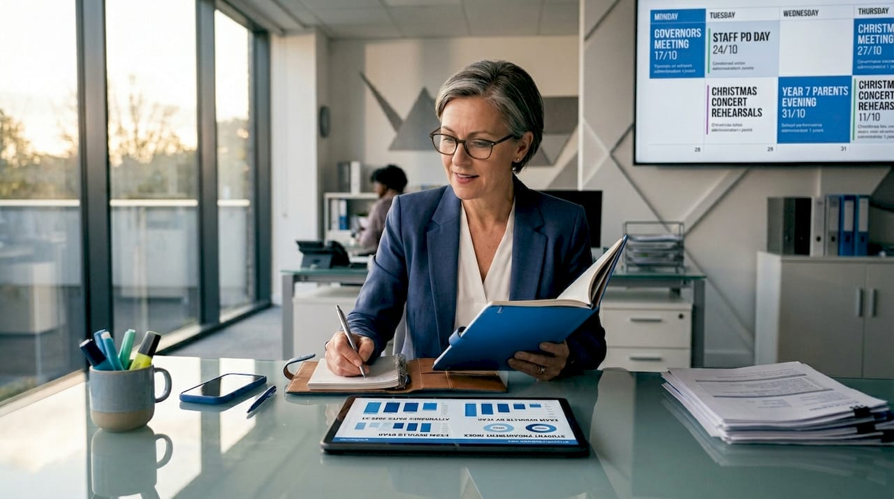 School principal reviewing data in office