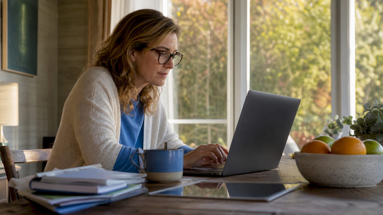 Mother using parent portal at home