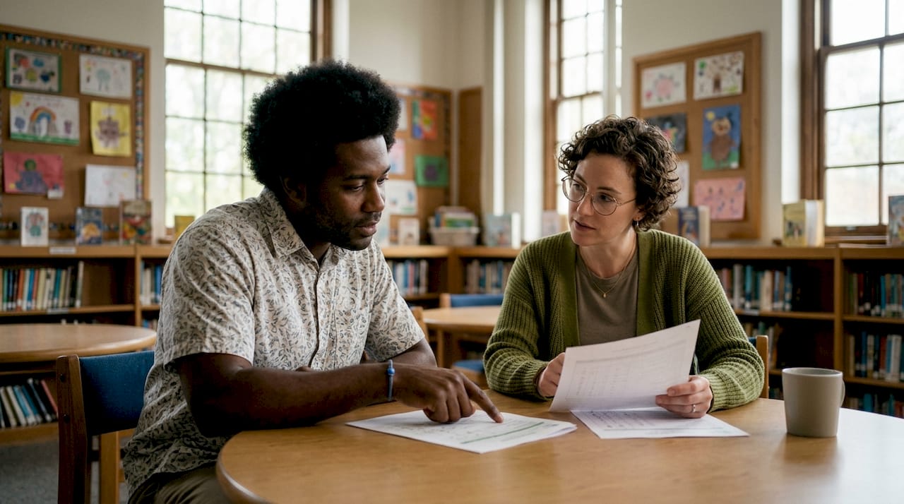 Parent and teacher discussing student progress