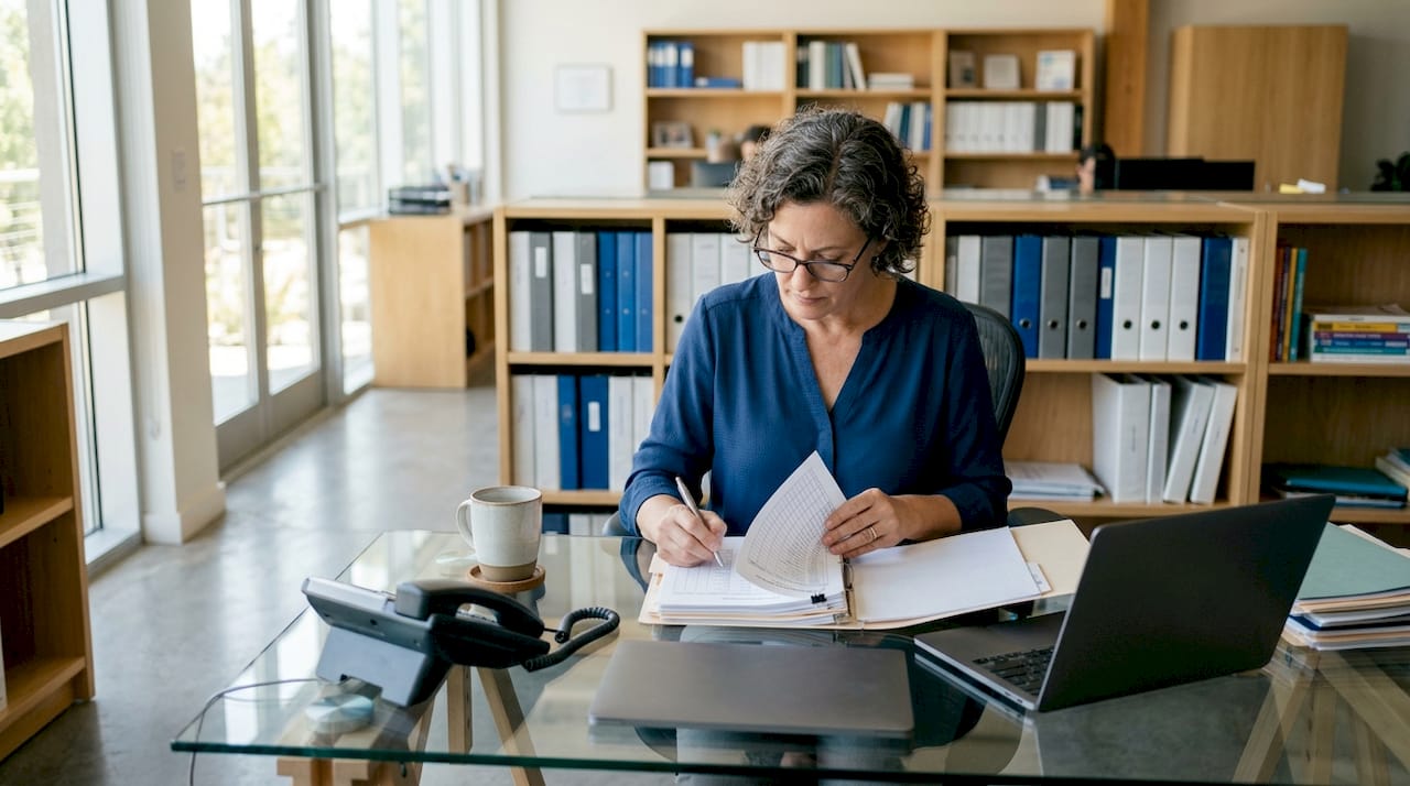 School administrator reviewing attendance sheets at desk