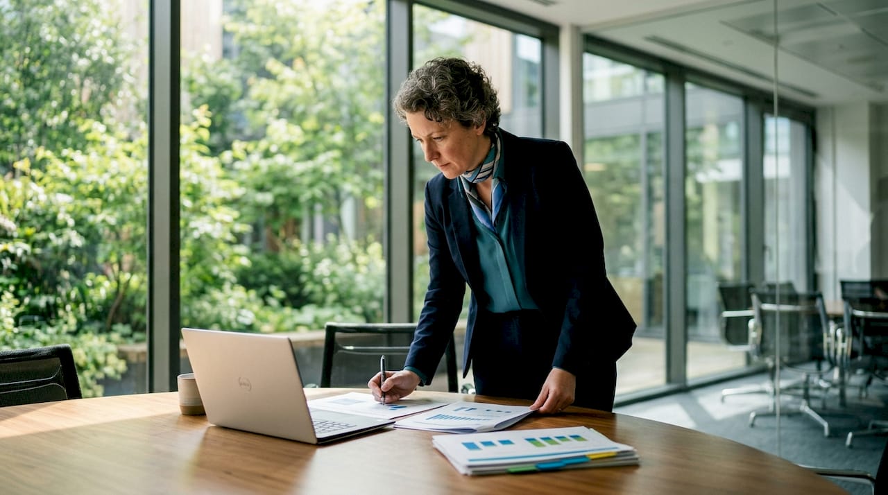 School leader reviewing efficiency reports at desk