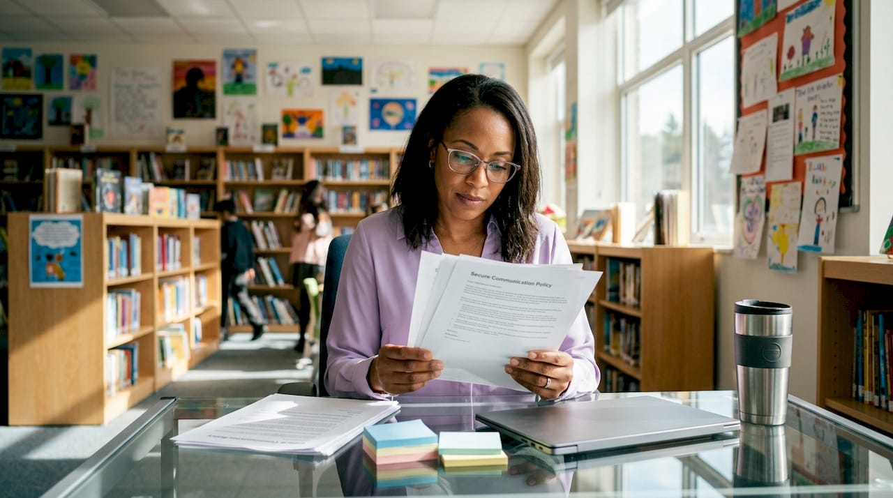 School leader reviewing secure communication policies at desk
